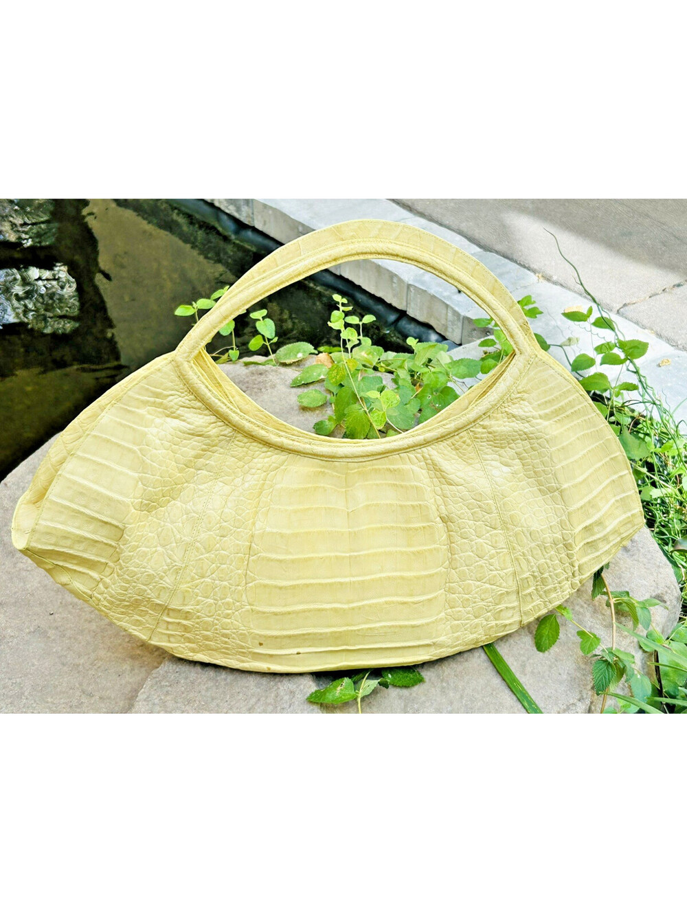 Nancy Gonzalez Butter Yellow Authentic Caiman Crocodile Double Handle Bag Clutch